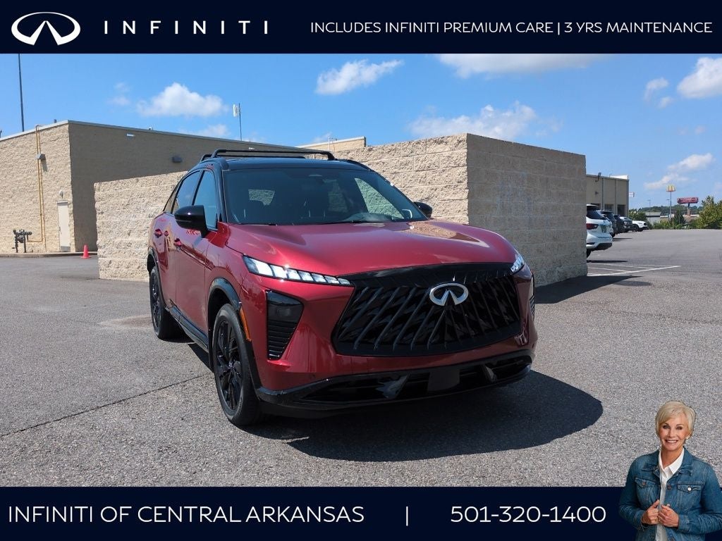 2027 INFINITI QX65 Sport AWD in Sunfire Red/Black — front three-quarter view