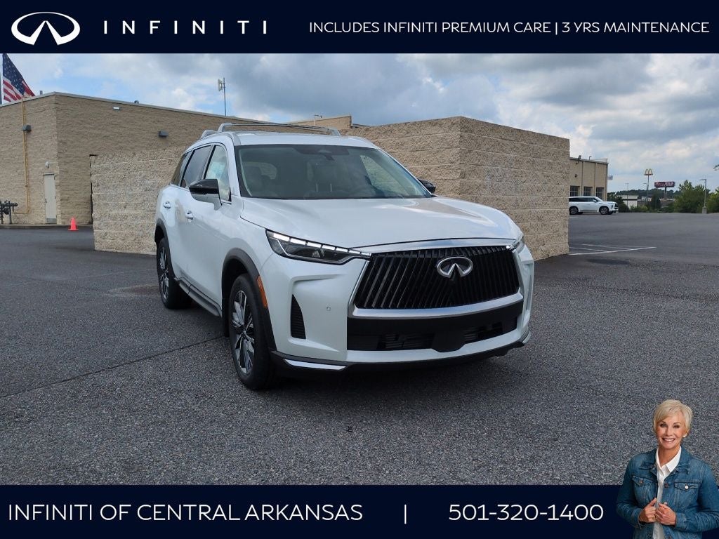 2027 INFINITI QX60 Luxe FWD in Radiant White — front three-quarter view
