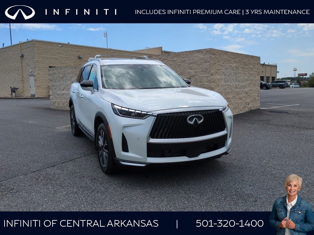 2027 INFINITI QX60 Luxe FWD in Radiant White — front three-quarter view