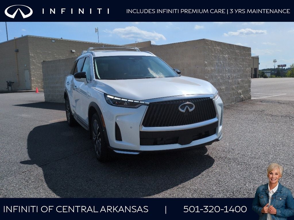 2027 INFINITI QX60 Luxe FWD in Radiant White — front three-quarter view