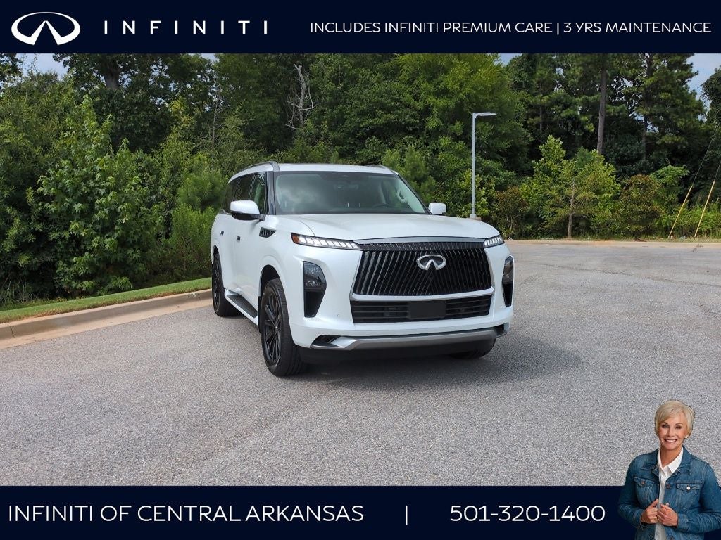 2026 INFINITI QX80 Luxe 2WD in Radiant White — front three-quarter view