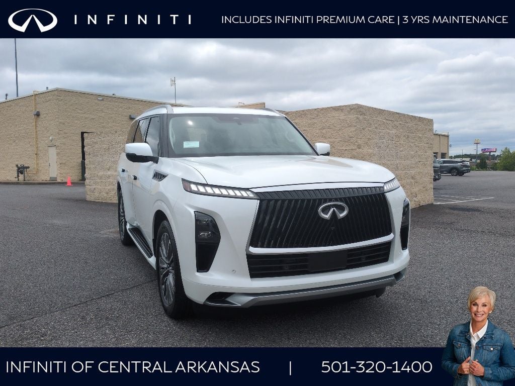 2026 INFINITI QX80 Luxe 2WD in Radiant White — front three-quarter view