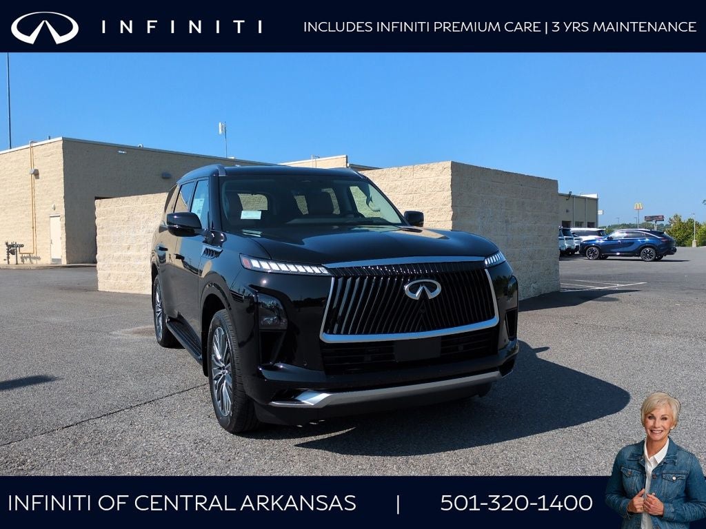 2027 INFINITI QX80 Luxe 4WD in Black Obsidian — front three-quarter view