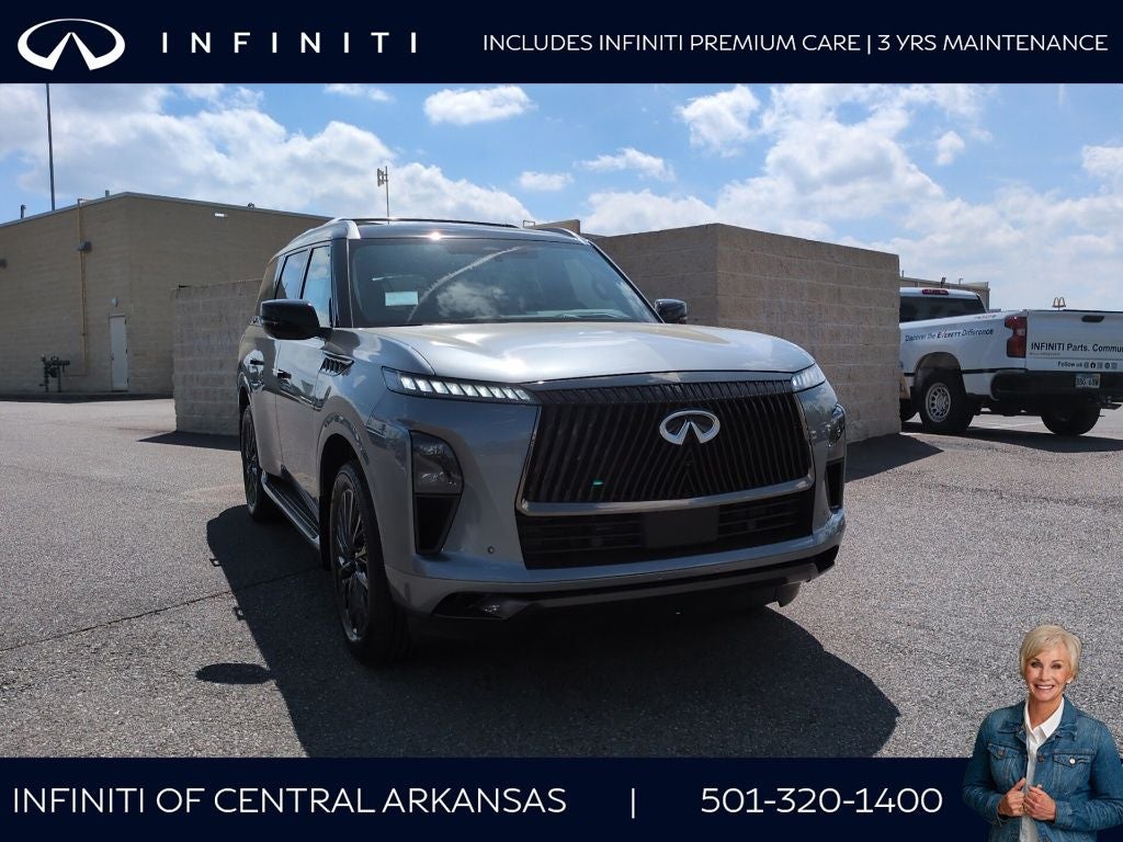 2026 INFINITI QX80 Autograph 4WD in Dynamic Metal/Black Obsidian — front three-quarter view